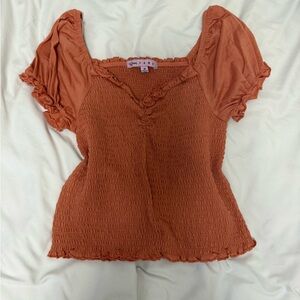 Glam Brown and Orange Smocked Flutter Sleeve Blouse